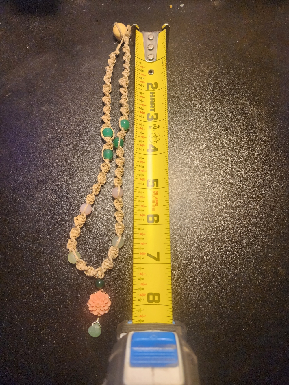 Handmade Beige Macrame Necklace with Green Beads and Coral Flower Pendant